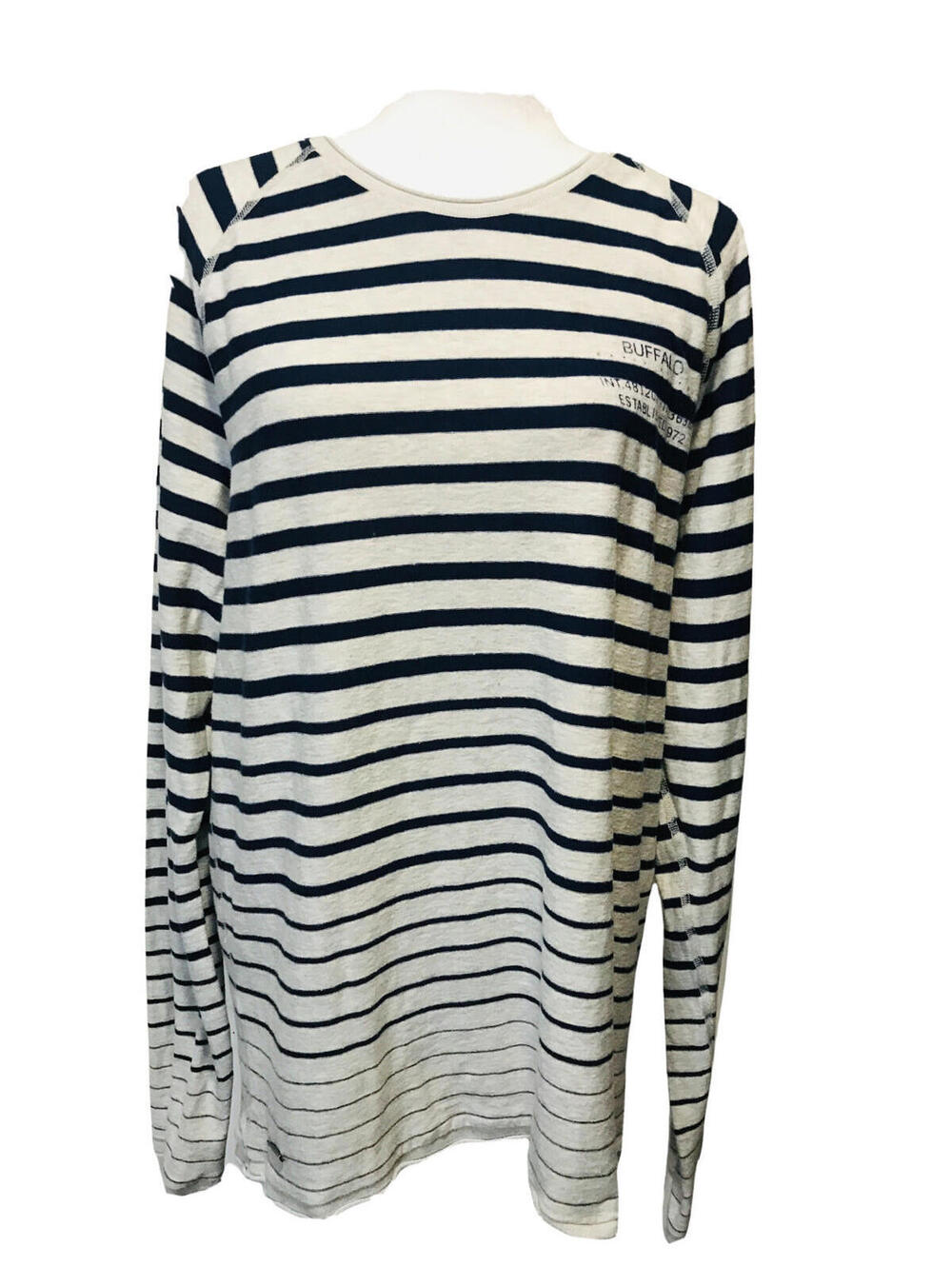 Buffalo David Bitton Shirt XL Women Striped Blue White Crewneck Long Sleeve
